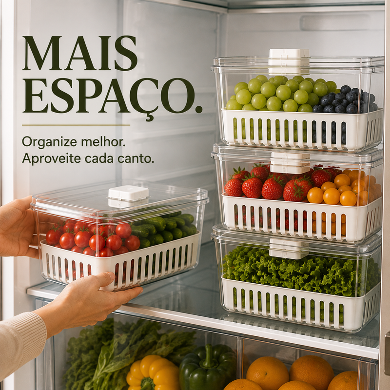Organizador de Geladeira com Cesto Removível e Tampa com Ventilação Controlada - FreshBox®